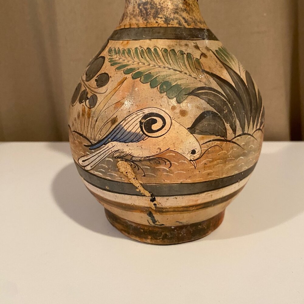 Vintage Tonala Mexican Pottery Vase‎ - Hand-Painted Birds & Burn Scar, 8.5"x6" - Picture 2 of 8